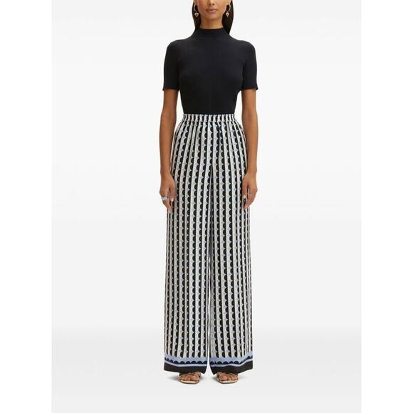 Oscar de la Renta  Wide Leg Allover Mini Geo Silk Twill Pants in Black & Blue 10 - Picture 5 of 6